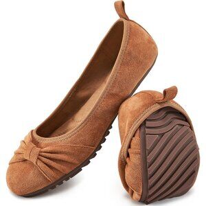 Women's Round Toe Light Brown Bow knot Foldable Ballet Flats Loafers Shoes